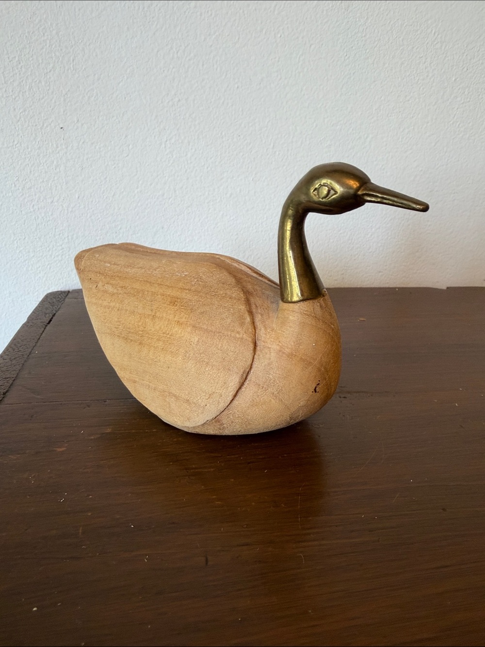 Handcrafted Wood and Brass Duck Figurine - Natural and Gold